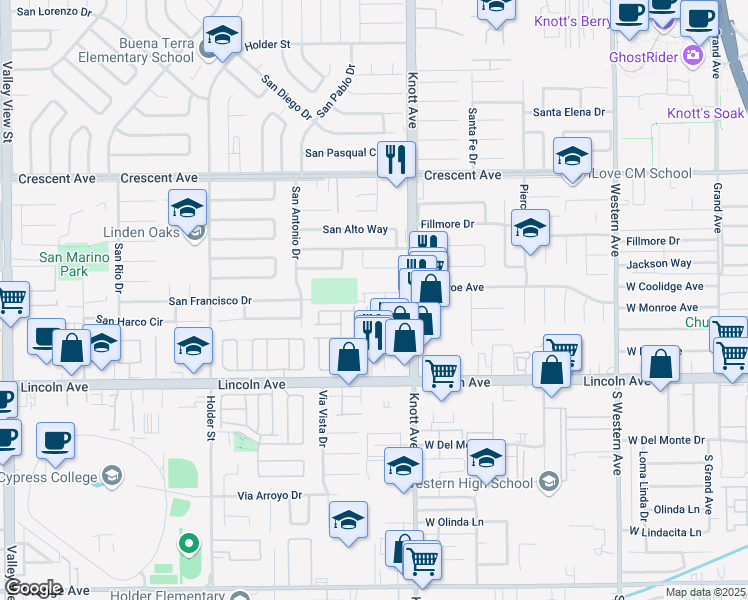 map of restaurants, bars, coffee shops, grocery stores, and more near 6891 Younger Drive in Buena Park