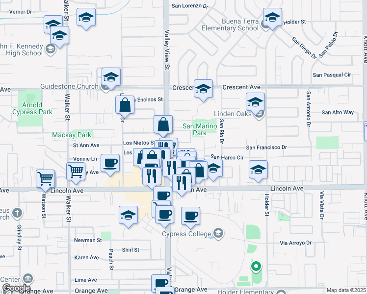 map of restaurants, bars, coffee shops, grocery stores, and more near 8740 Valley View Street in Buena Park