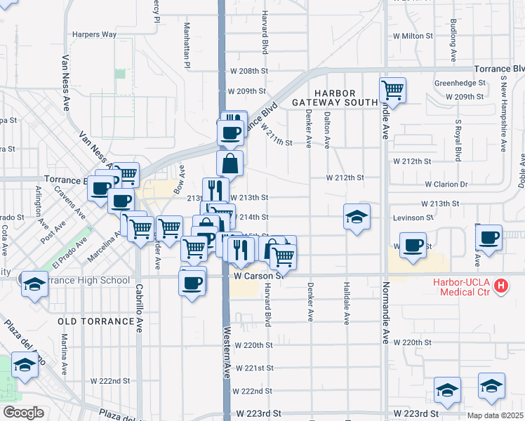 map of restaurants, bars, coffee shops, grocery stores, and more near 1577 West 213th Street in Torrance