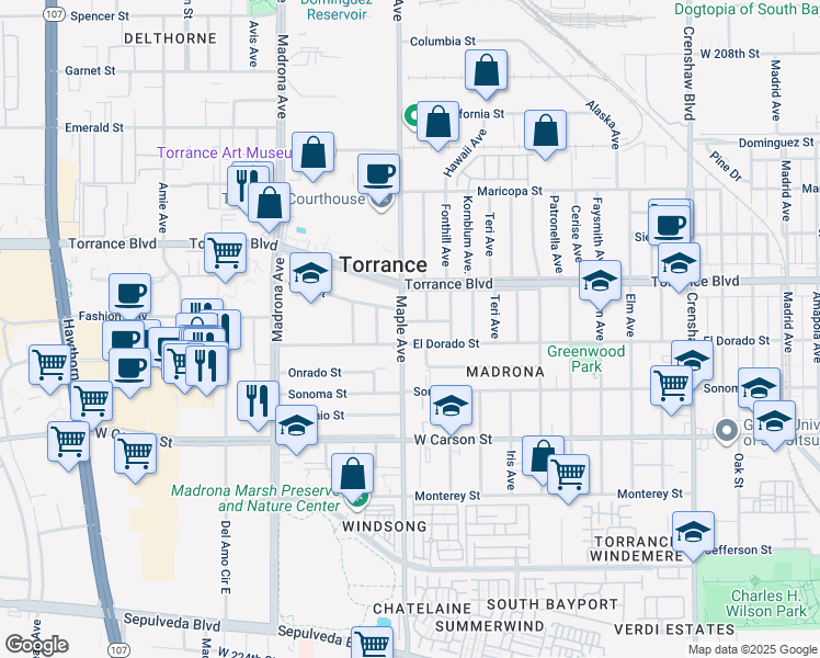 map of restaurants, bars, coffee shops, grocery stores, and more near 1215 Felbar Avenue in Torrance