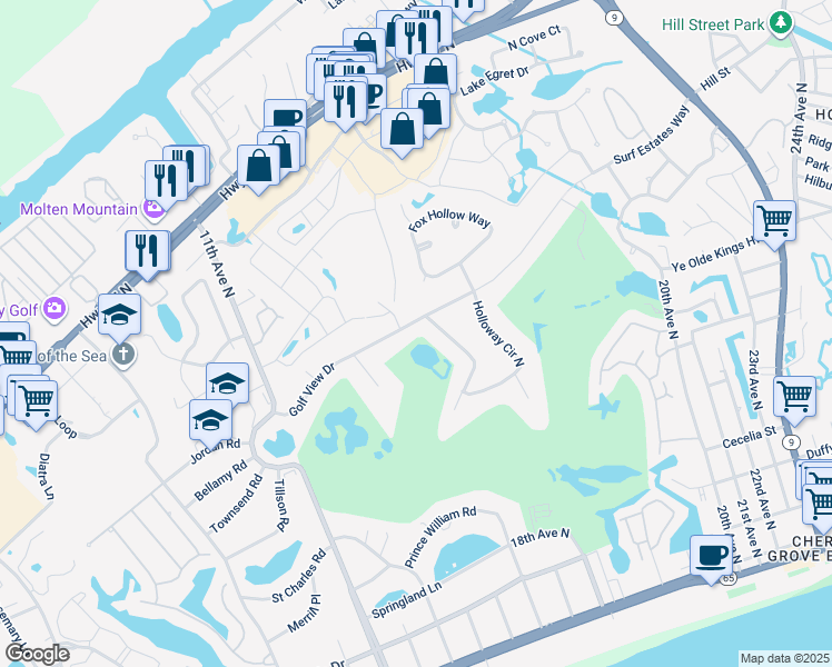 map of restaurants, bars, coffee shops, grocery stores, and more near 1303 Golf View Drive in North Myrtle Beach