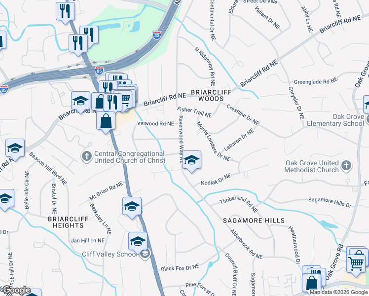 map of restaurants, bars, coffee shops, grocery stores, and more near 1853 Ravenwood Way Northeast in Atlanta