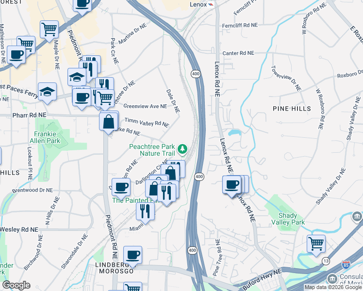 map of restaurants, bars, coffee shops, grocery stores, and more near 2977 Dale Drive Northeast in Atlanta