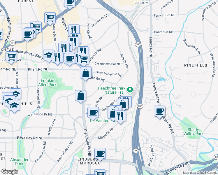 map of restaurants, bars, coffee shops, grocery stores, and more near 706 Darlington Road Northeast in Atlanta
