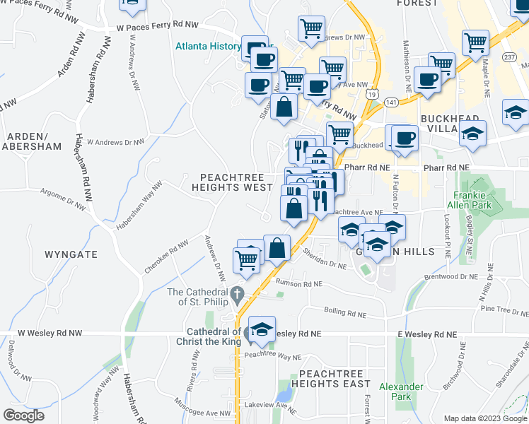 map of restaurants, bars, coffee shops, grocery stores, and more near 2920 Pharr Court South Northwest in Atlanta