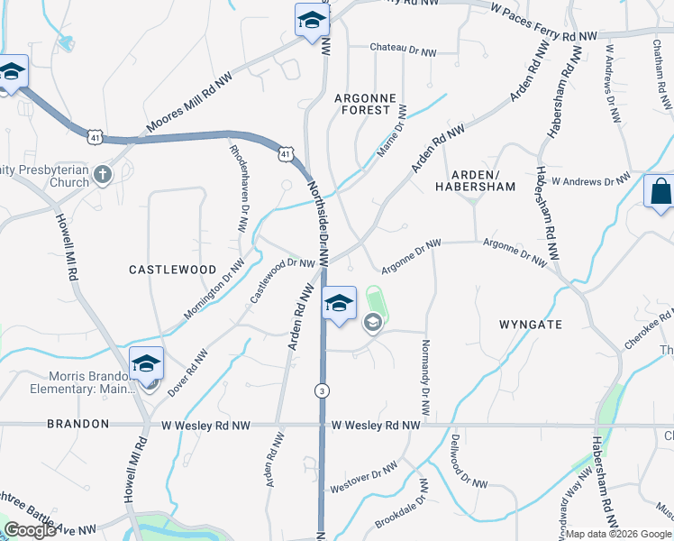 map of restaurants, bars, coffee shops, grocery stores, and more near 2935 Arden Road Northwest in Atlanta