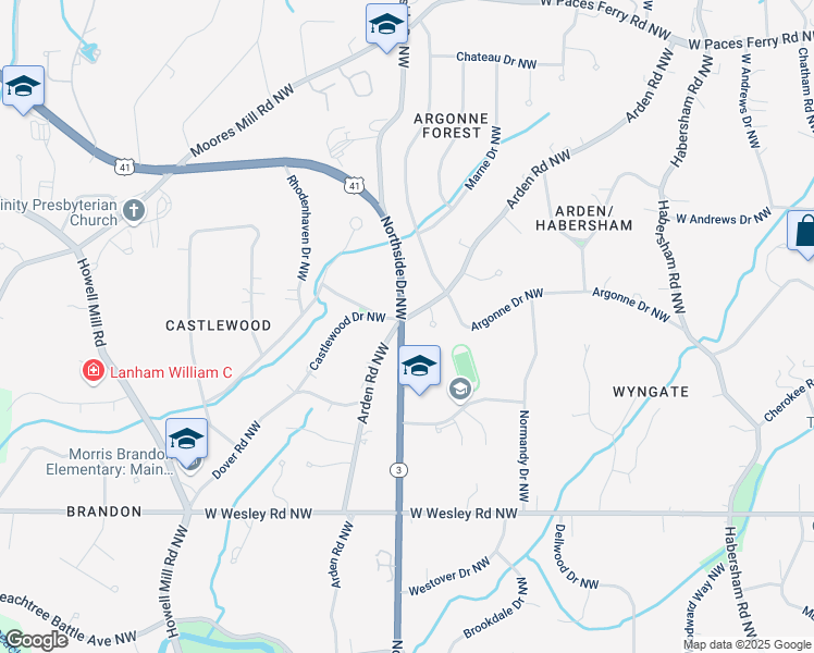 map of restaurants, bars, coffee shops, grocery stores, and more near 2925 Arden Road Northwest in Atlanta