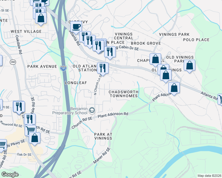 map of restaurants, bars, coffee shops, grocery stores, and more near 4917 Payson Way in Atlanta