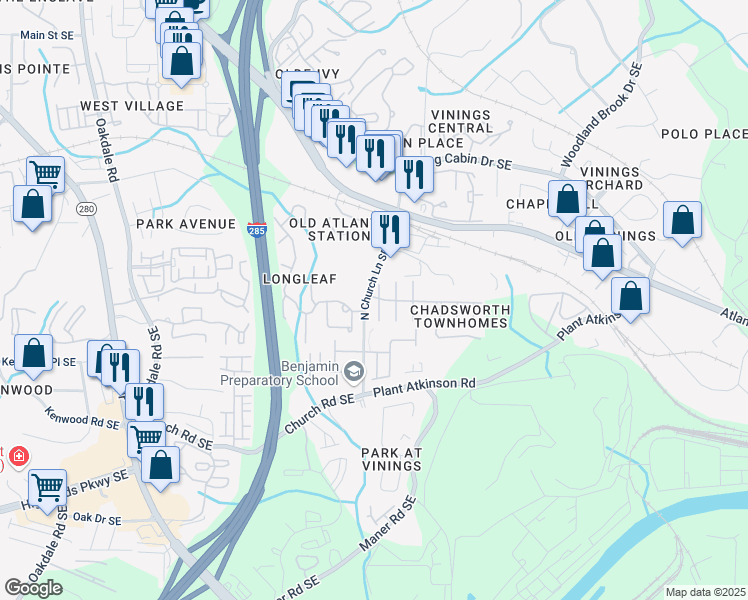 map of restaurants, bars, coffee shops, grocery stores, and more near 2428 Bridlewood Drive in Atlanta
