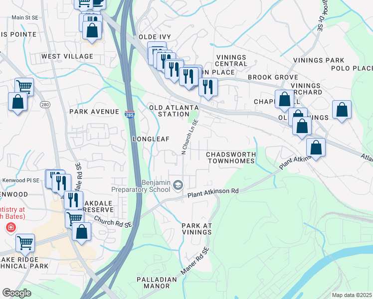 map of restaurants, bars, coffee shops, grocery stores, and more near 4852 Payson Terrace Southeast in Atlanta