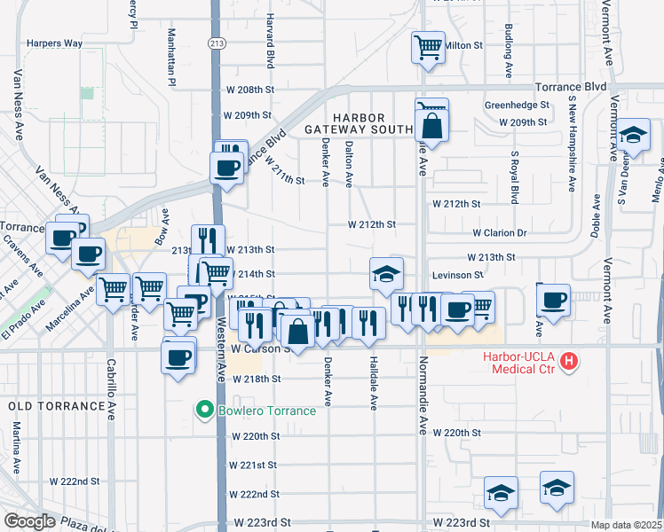 map of restaurants, bars, coffee shops, grocery stores, and more near 21322 Denker Avenue in Torrance