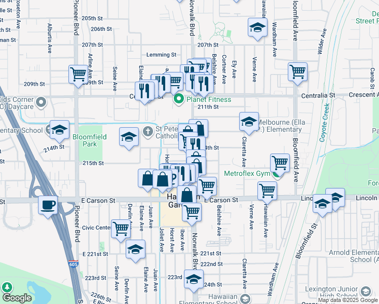 map of restaurants, bars, coffee shops, grocery stores, and more near 21401 Norwalk Boulevard in Hawaiian Gardens