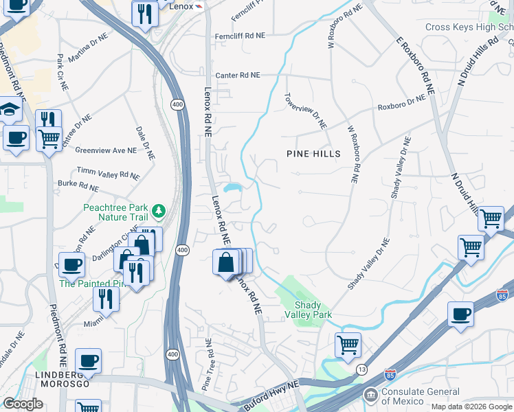 map of restaurants, bars, coffee shops, grocery stores, and more near 46 Plantation Drive Northeast in Atlanta