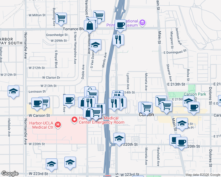 map of restaurants, bars, coffee shops, grocery stores, and more near 21245 South Figueroa Street in Carson