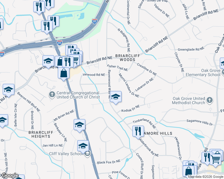 map of restaurants, bars, coffee shops, grocery stores, and more near 1853 Ravenwood Way Northeast in Atlanta