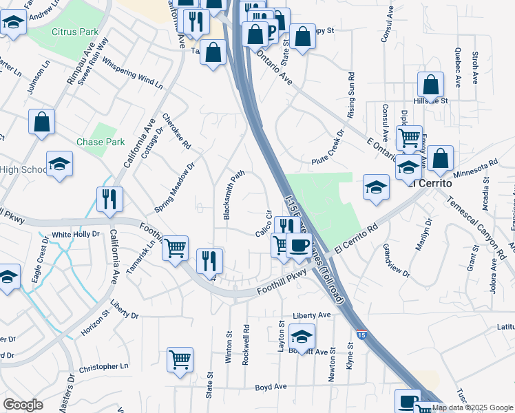 map of restaurants, bars, coffee shops, grocery stores, and more near 7230 Sarsaparilla Drive in Corona