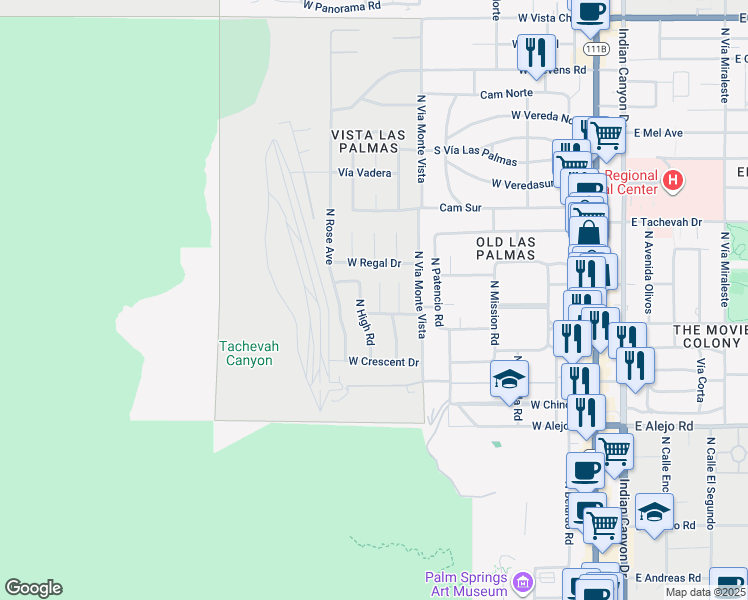 map of restaurants, bars, coffee shops, grocery stores, and more near 823 North Topaz Circle in Palm Springs