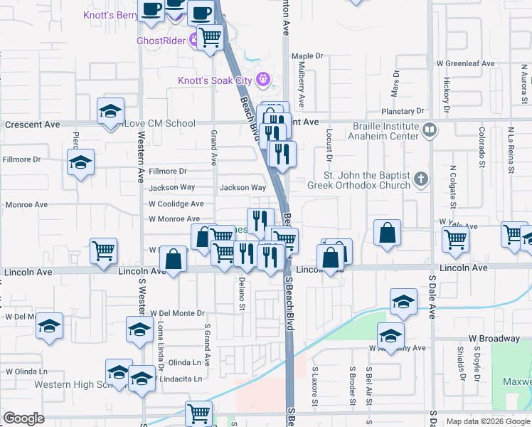 map of restaurants, bars, coffee shops, grocery stores, and more near 334 Santa Maria Street in Anaheim