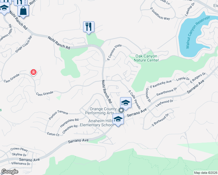 map of restaurants, bars, coffee shops, grocery stores, and more near 6520 East Paseo El Greco in Anaheim