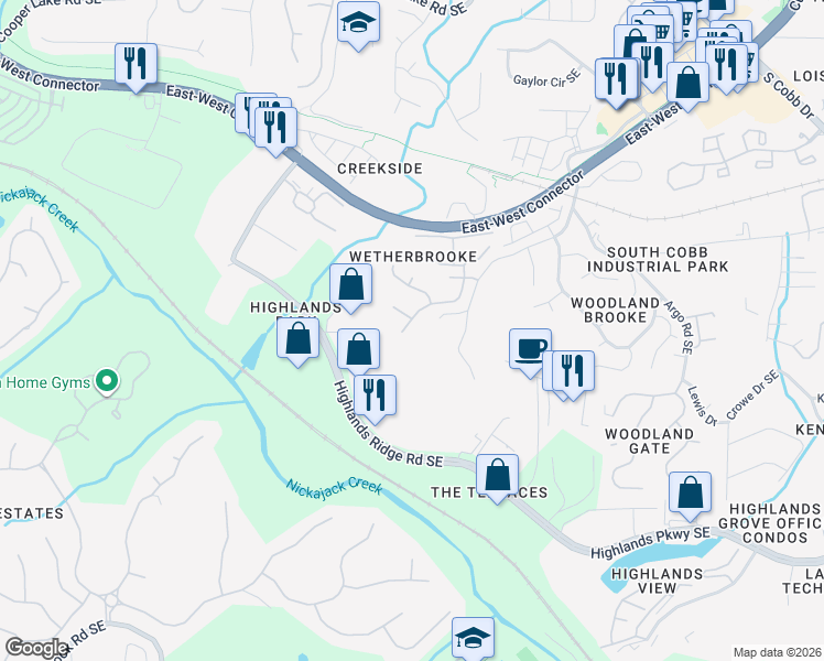 map of restaurants, bars, coffee shops, grocery stores, and more near 4821 Edinburgh Drive in Smyrna
