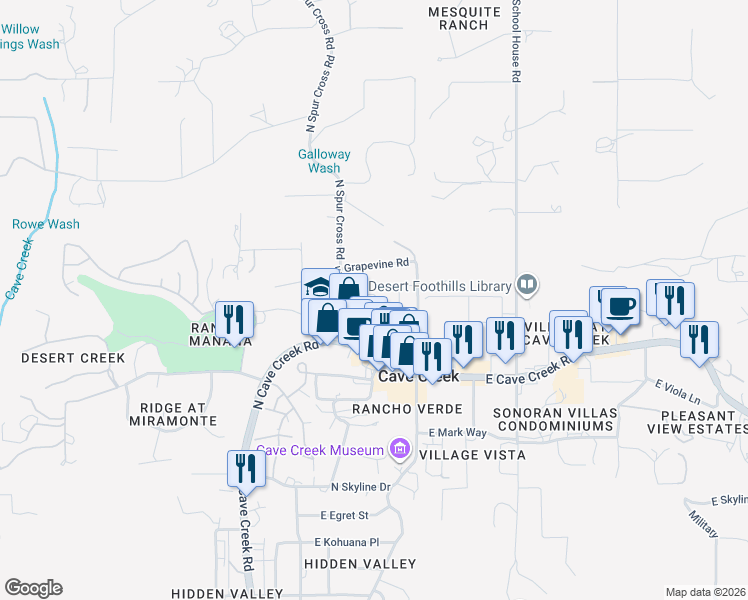 map of restaurants, bars, coffee shops, grocery stores, and more near 6065 East Knolls Way South in Cave Creek