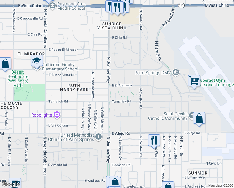 map of restaurants, bars, coffee shops, grocery stores, and more near 852 North Calle De Flora Vista in Palm Springs