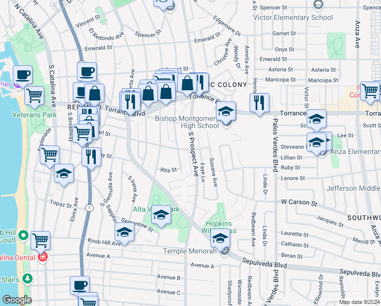 map of restaurants, bars, coffee shops, grocery stores, and more near 502 South Maria Avenue in Redondo Beach