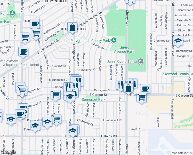 map of restaurants, bars, coffee shops, grocery stores, and more near 4224 Falcon Avenue in Long Beach