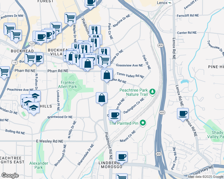 map of restaurants, bars, coffee shops, grocery stores, and more near 2901 Piedmont Road Northeast in Atlanta