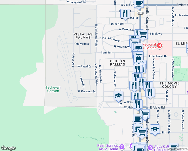map of restaurants, bars, coffee shops, grocery stores, and more near 817 North Via Monte Vista in Palm Springs