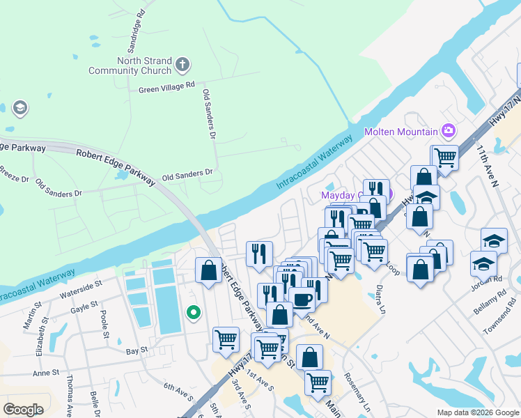 map of restaurants, bars, coffee shops, grocery stores, and more near 220 Landing Road in North Myrtle Beach