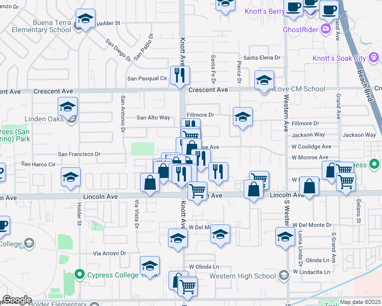 map of restaurants, bars, coffee shops, grocery stores, and more near 4750 South Knott Avenue in Buena Park