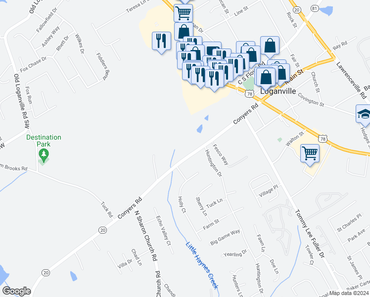map of restaurants, bars, coffee shops, grocery stores, and more near 573 Conyers Road in Loganville