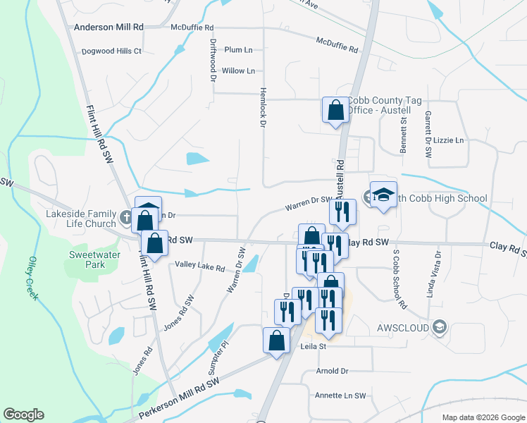 map of restaurants, bars, coffee shops, grocery stores, and more near 2116 Warren Drive Southwest in Austell