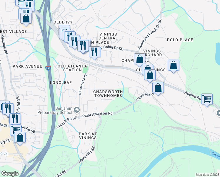 map of restaurants, bars, coffee shops, grocery stores, and more near 2471 Bridlewood Drive in Smyrna