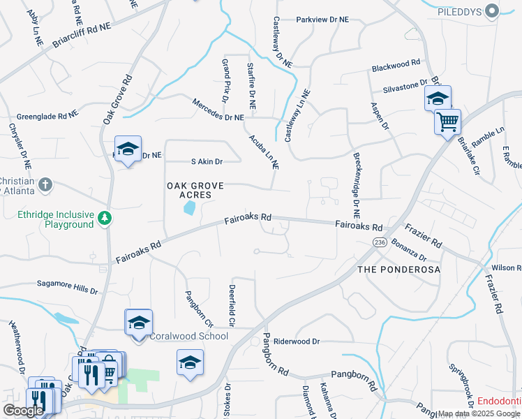 map of restaurants, bars, coffee shops, grocery stores, and more near 2650 Fairoaks Road in Decatur