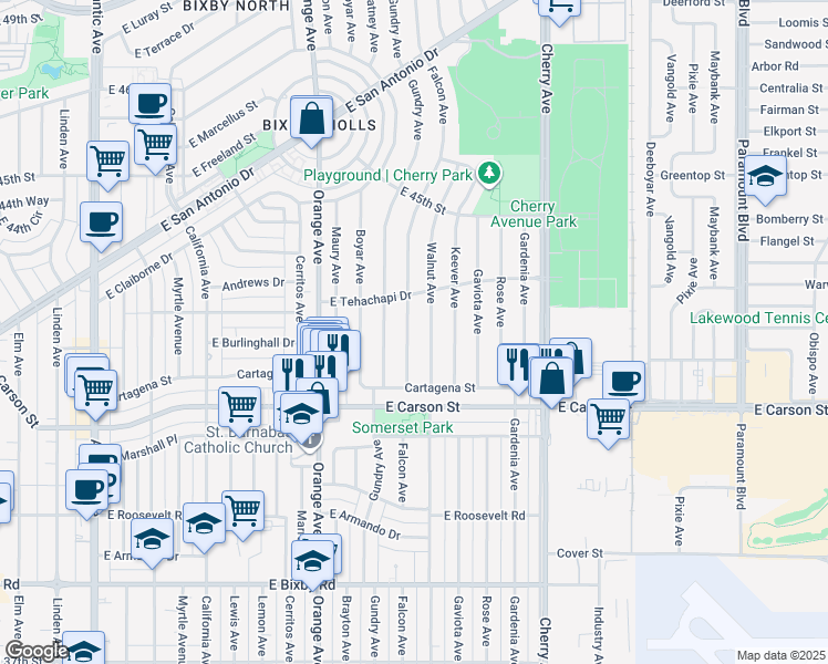 map of restaurants, bars, coffee shops, grocery stores, and more near 4224 Falcon Avenue in Long Beach