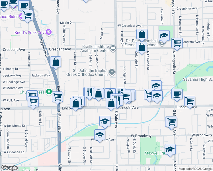 map of restaurants, bars, coffee shops, grocery stores, and more near 316 North Coolidge Avenue in Anaheim