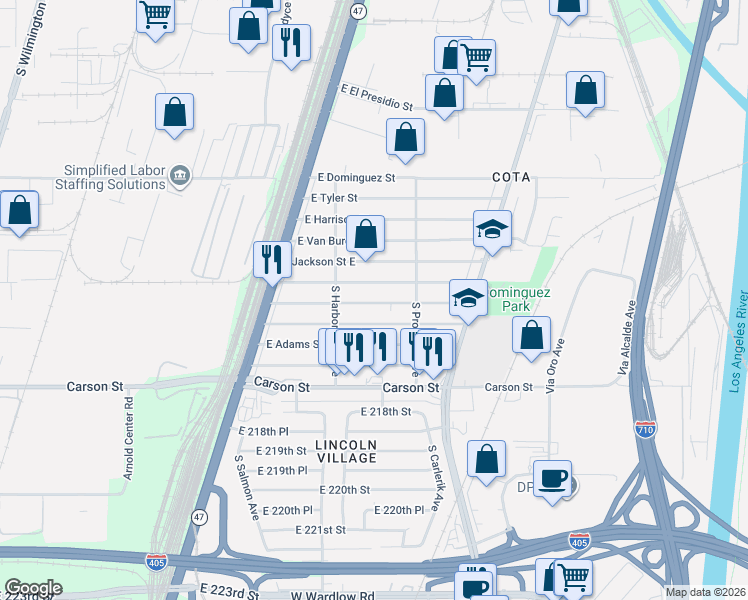 map of restaurants, bars, coffee shops, grocery stores, and more near 2651 East Monroe Street in Carson