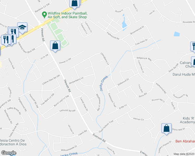 map of restaurants, bars, coffee shops, grocery stores, and more near 2955 Wildflower Lane Southwest in Snellville
