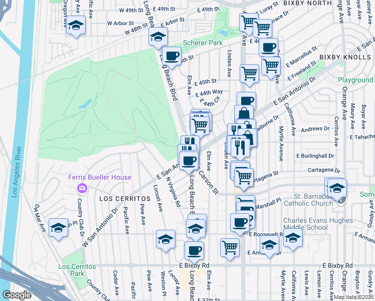 map of restaurants, bars, coffee shops, grocery stores, and more near 4231 Long Beach Boulevard in Long Beach