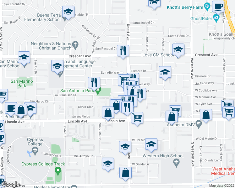map of restaurants, bars, coffee shops, grocery stores, and more near 6900 Younger Drive in Buena Park