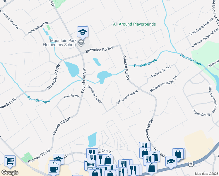 map of restaurants, bars, coffee shops, grocery stores, and more near 1709 Oak Ridge Circle Southwest in Stone Mountain