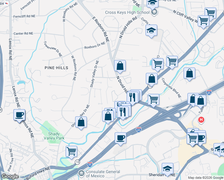 map of restaurants, bars, coffee shops, grocery stores, and more near 1168 Buckhead Valley Court Northeast in Atlanta
