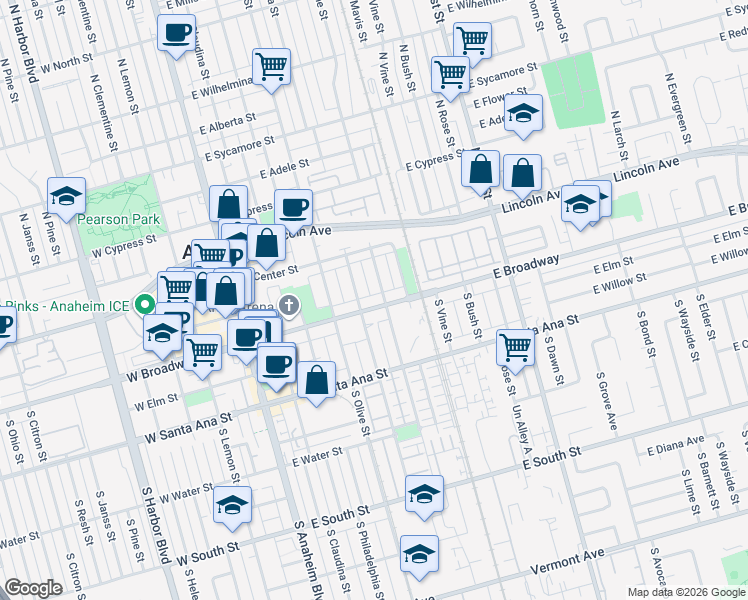 map of restaurants, bars, coffee shops, grocery stores, and more near 5 West Broadway in Anaheim