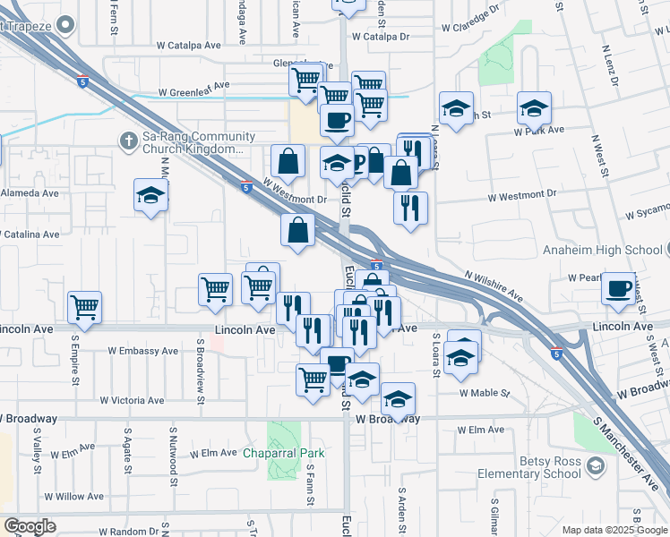 map of restaurants, bars, coffee shops, grocery stores, and more near 313 North Euclid Way in Anaheim