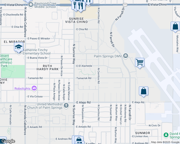 map of restaurants, bars, coffee shops, grocery stores, and more near 830 North Calle De Mimosas in Palm Springs
