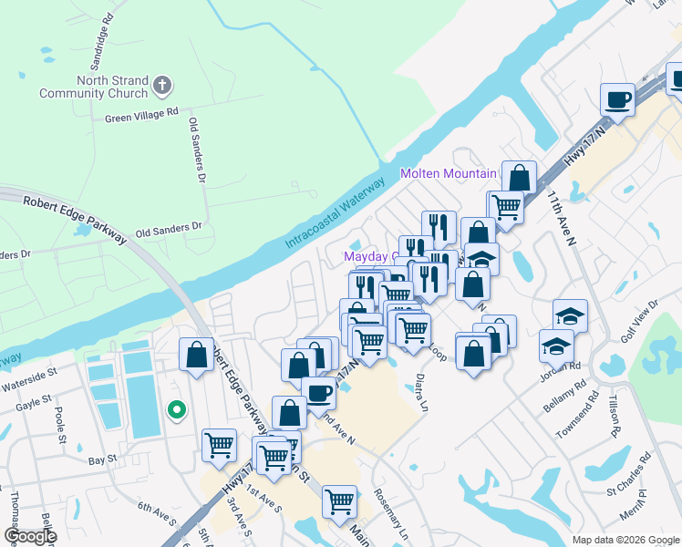 map of restaurants, bars, coffee shops, grocery stores, and more near 4421A Plantation Harbour Drive in Little River
