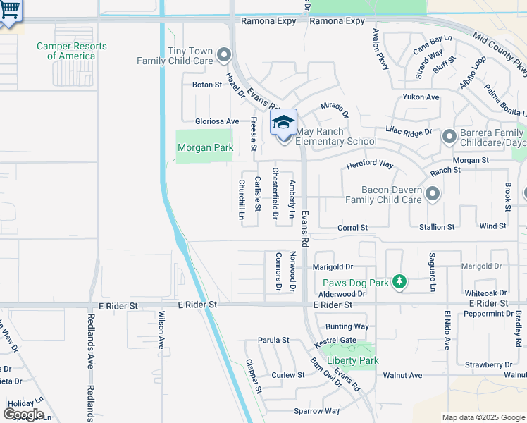 map of restaurants, bars, coffee shops, grocery stores, and more near 3453 Carlisle Street in Perris