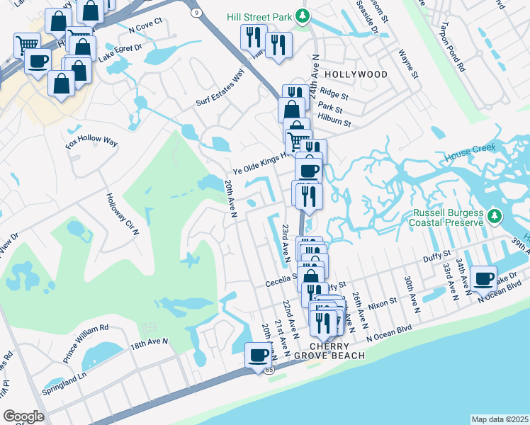 map of restaurants, bars, coffee shops, grocery stores, and more near 2305 Tortuga Lane in North Myrtle Beach